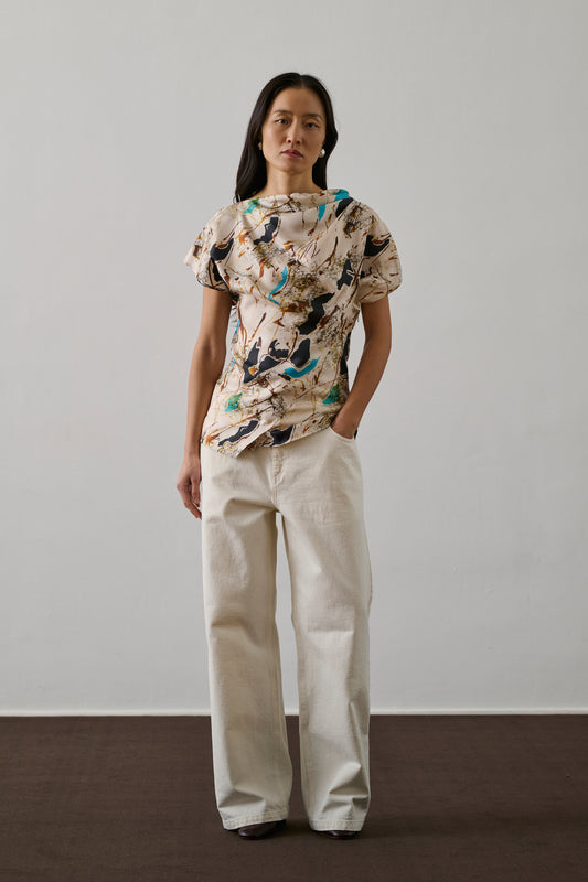 Blouse Fedora - Beige/Turquoise - Soie - Femme