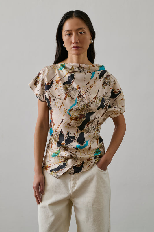 Blouse Fedora - Beige/Turquoise - Soie - Femme